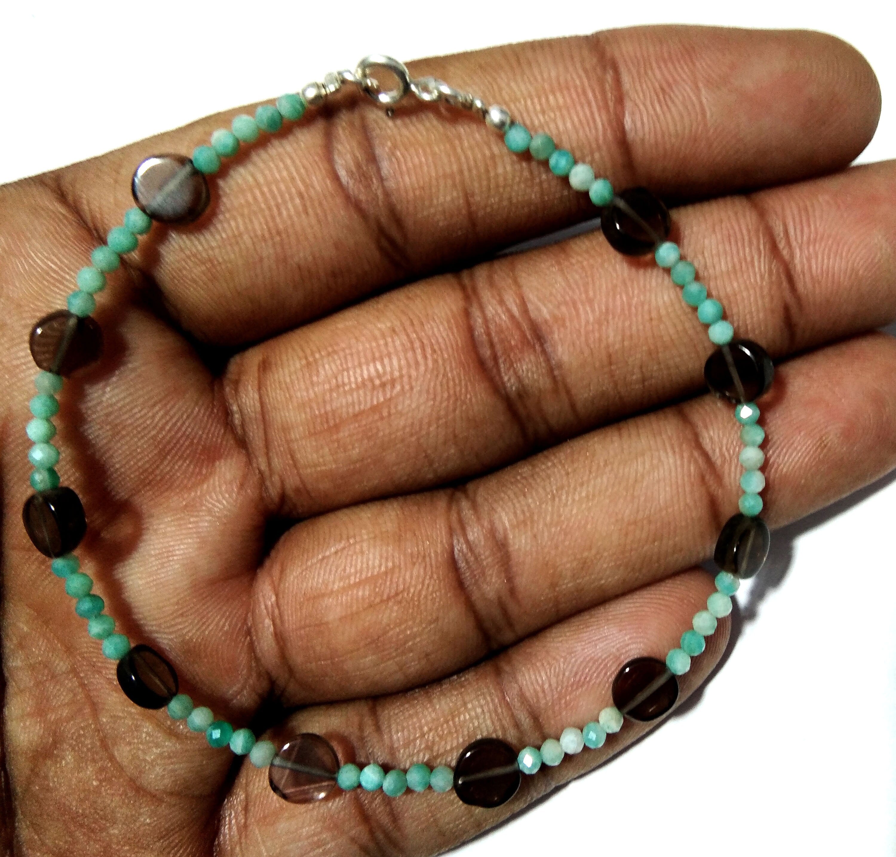 925 Silver Bracelet, With Natural Amazonite & Smoky Quartz Bracelet, Gifts For Her, Boho Dainty Minimalist, Women Bracelet, Tiny Bracelet